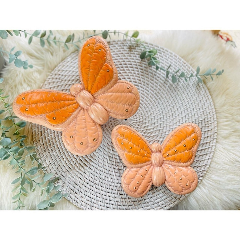 Set of 2 Vintage Retro Hand Painted Ceramic Quilted Look Butterfly Wall Hangings